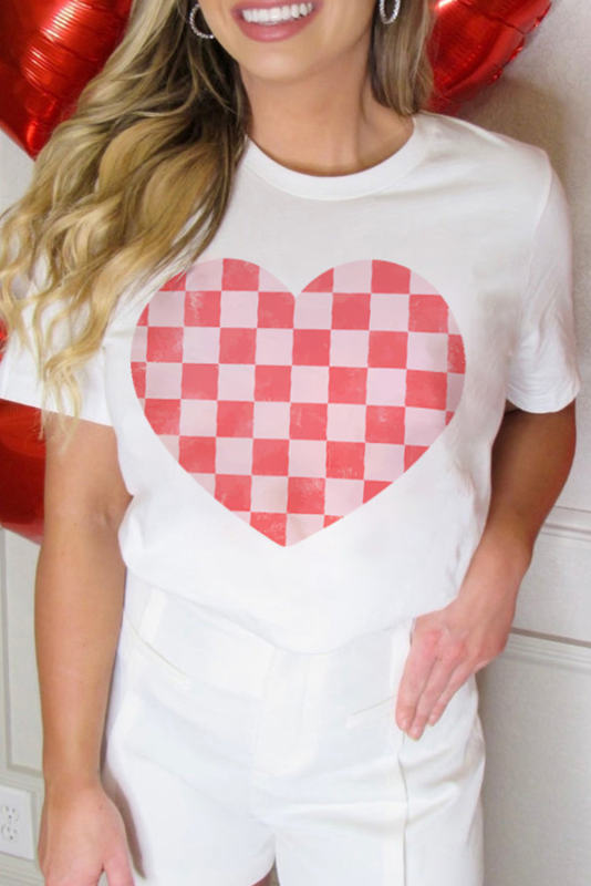 White Checkered Heart Print Valentines T-shirt