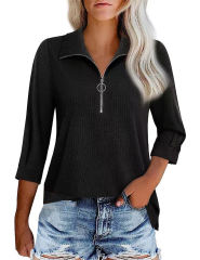 Black 3/4 Sleeve Half Zip Polo Neck Blouse