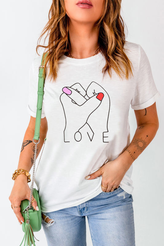 White Valentine LOVE Gesture Print Crew Neck T Shirt