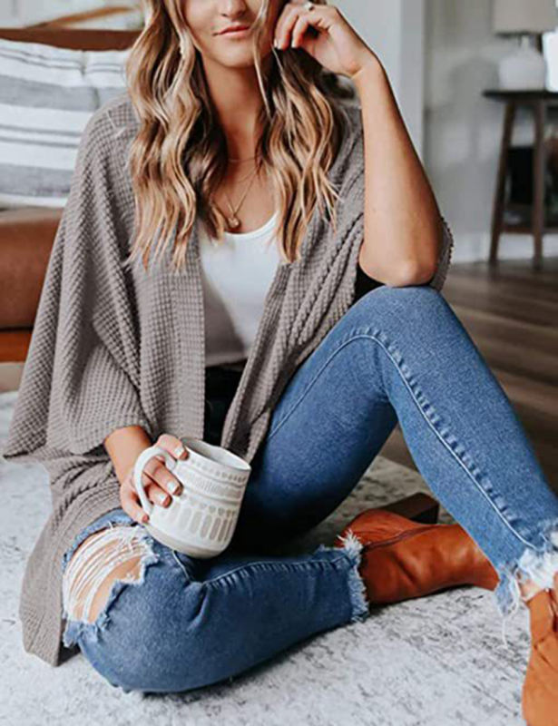 Gray Waffle Open Front Knit Cardigan Top