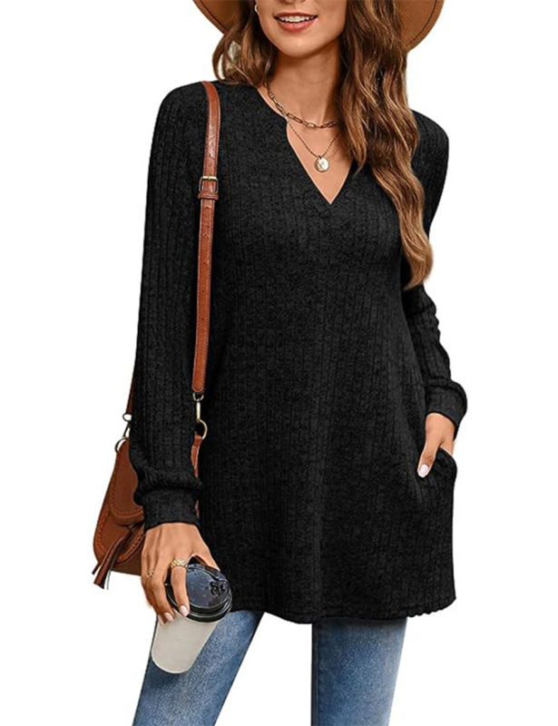 Black Rib V Neck Side Slit Pocket Long Sleeve Tops