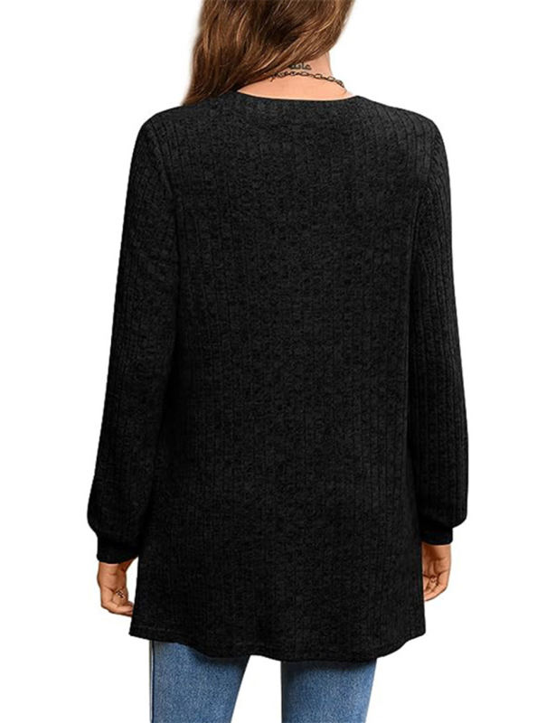 Black Rib V Neck Side Slit Pocket Long Sleeve Tops