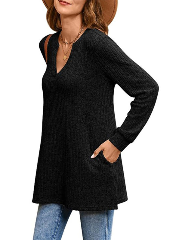 Black Rib V Neck Side Slit Pocket Long Sleeve Tops