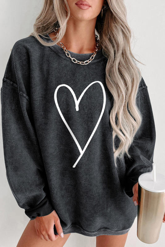 Black Valentine Big Heart Shape Corded Oversized Sweatshirt
