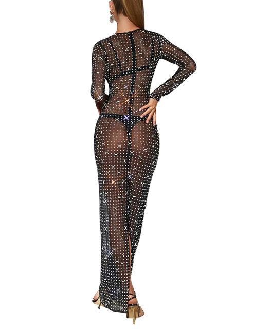 Black Sheer Mesh Rhinestones Long Sleeve Maxi Dress