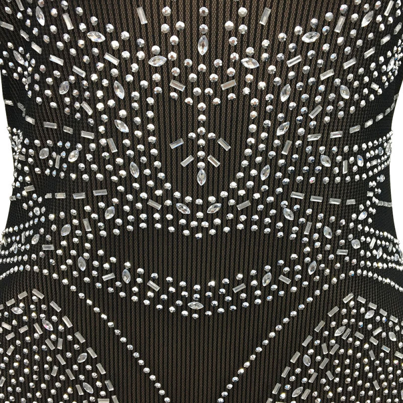 Black Rhinestones Mesh Front Split Maxi Dress