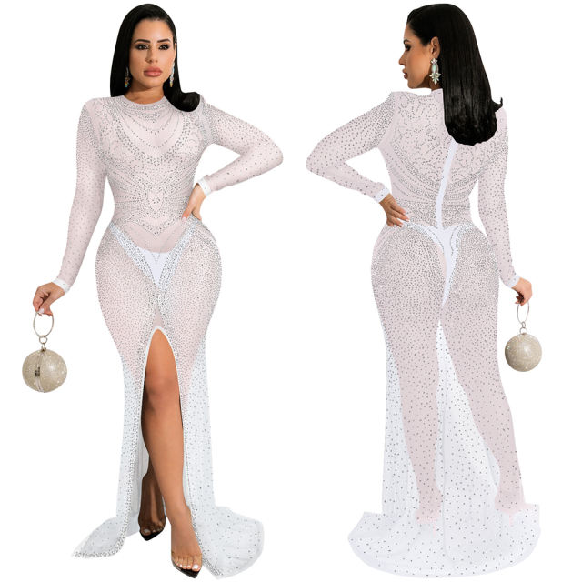 White Rhinestones Mesh Front Split Maxi Dress