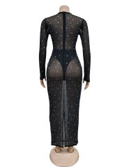Black Sheer Mesh Rhinestones Long Sleeve Maxi Dress