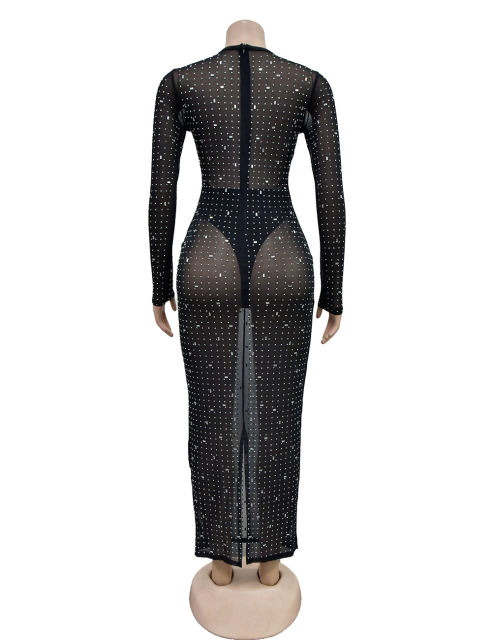 Black Sheer Mesh Rhinestones Long Sleeve Maxi Dress