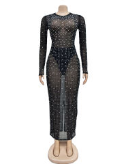 Black Sheer Mesh Rhinestones Long Sleeve Maxi Dress