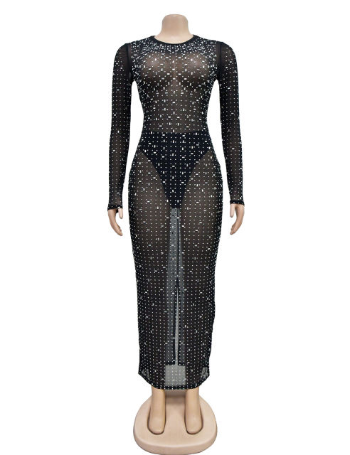 Black Sheer Mesh Rhinestones Long Sleeve Maxi Dress