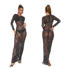 Black Sheer Mesh Rhinestones Long Sleeve Maxi Dress