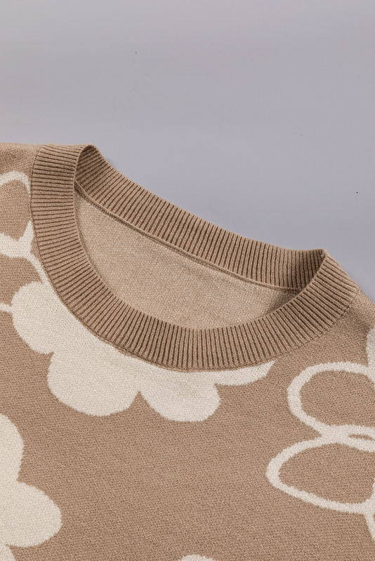 Camel Floral Drop Shoulder Ribbed Trim Sweater