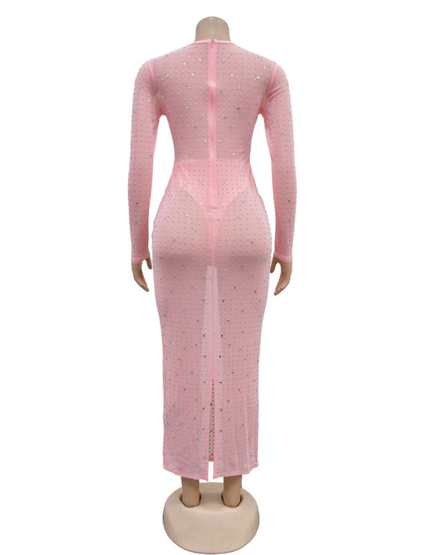 Pink Sheer Mesh Rhinestones Long Sleeve Maxi Dress