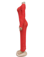 Red Sheer Mesh Rhinestones Long Sleeve Maxi Dress