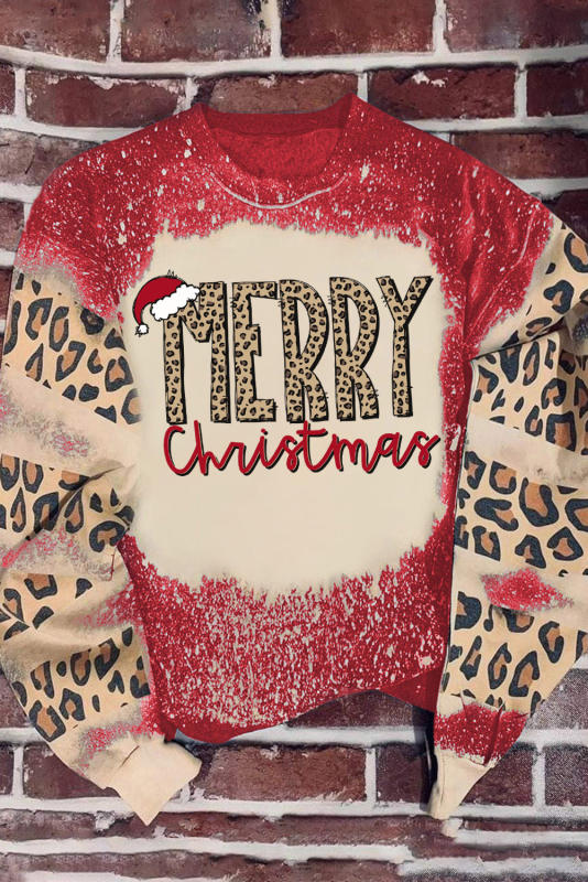 Fiery Red MERRY Christmas Leopard Color Block Sweatshirt