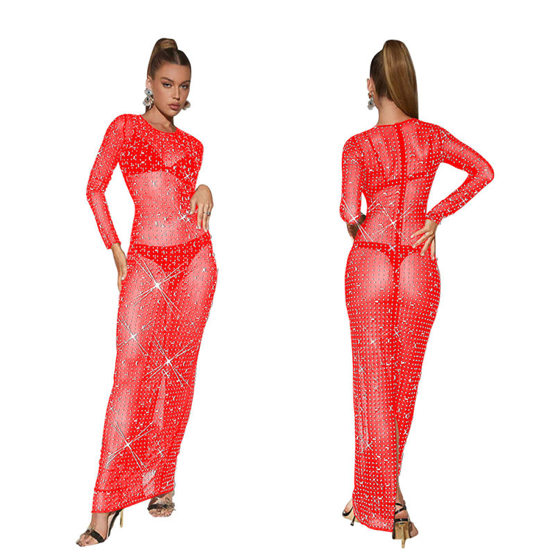 Red Sheer Mesh Rhinestones Long Sleeve Maxi Dress