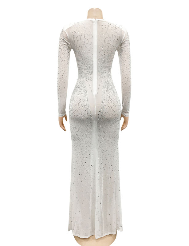 White Rhinestones Mesh Front Split Maxi Dress