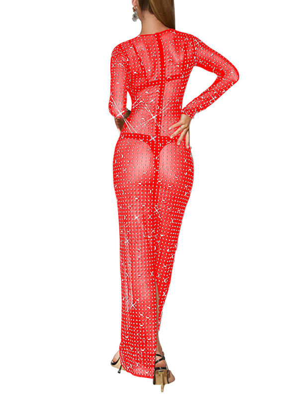 Red Sheer Mesh Rhinestones Long Sleeve Maxi Dress