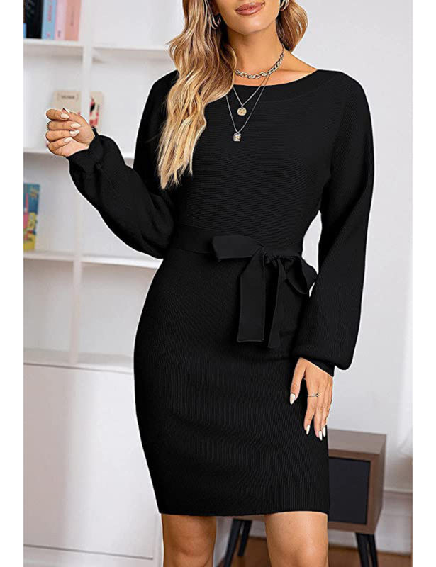 Black Ribbed Tie Waist Long Sleeve Bodycon Dress