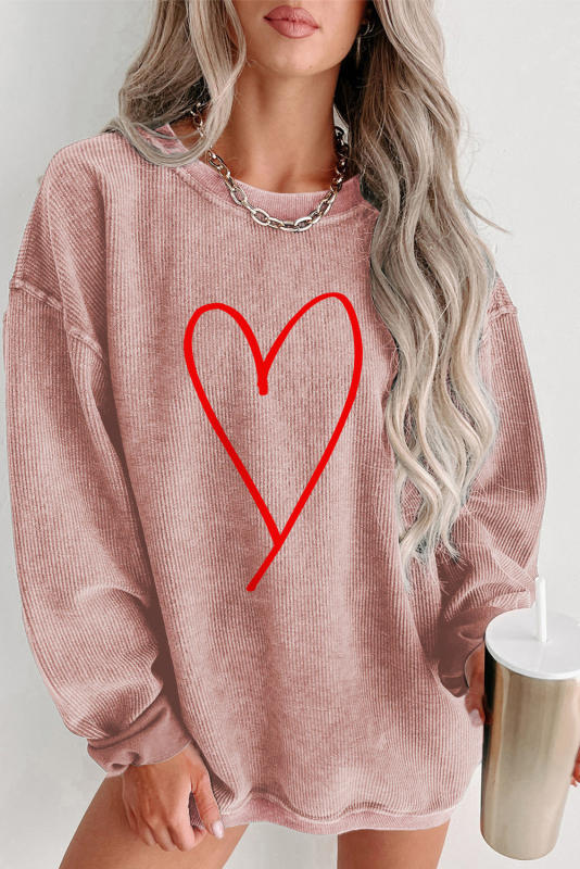 Pink Valentine Big Heart Shape Corded Oversized Sweatshirt