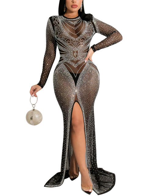 Black Rhinestones Mesh Front Split Maxi Dress