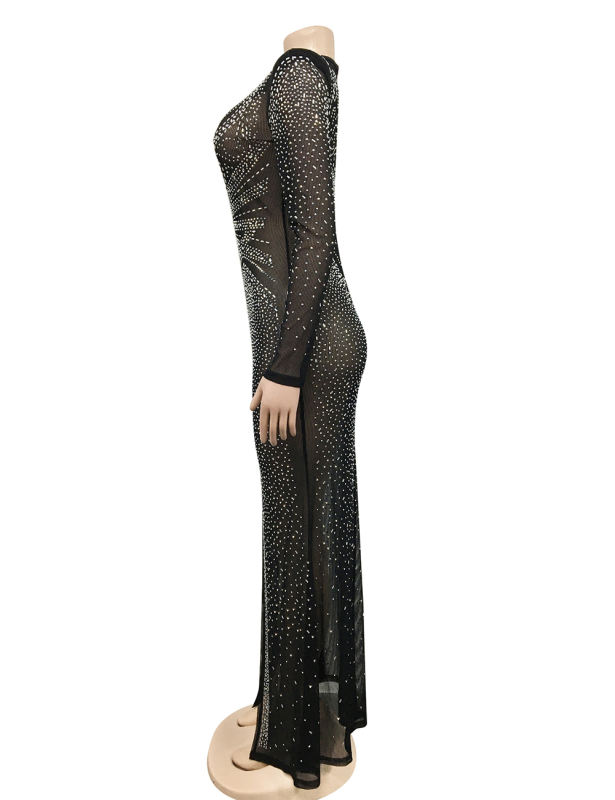 Black Rhinestones Mesh Front Split Maxi Dress