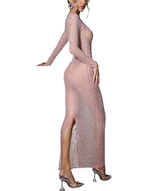 Pink Sheer Mesh Rhinestones Long Sleeve Maxi Dress