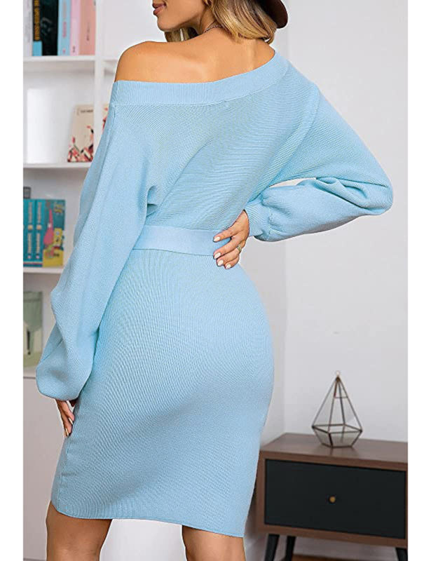 Light Blue Ribbed Tie Waist Long Sleeve Bodycon Dress