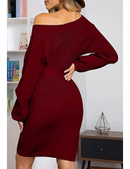 Wine Red Ribbed Tie Waist Long Sleeve Bodycon Dress
