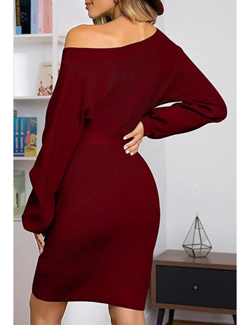 Wine Red Ribbed Tie Waist Long Sleeve Bodycon Dress
