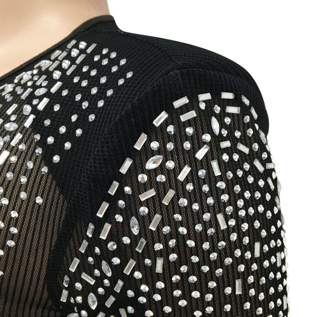 Black Rhinestones Mesh Front Split Maxi Dress