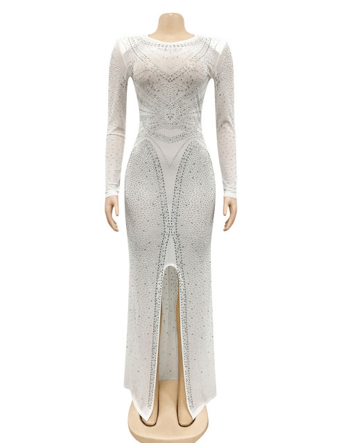 White Rhinestones Mesh Front Split Maxi Dress