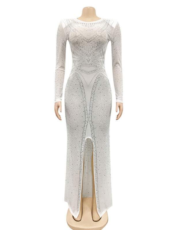 White Rhinestones Mesh Front Split Maxi Dress