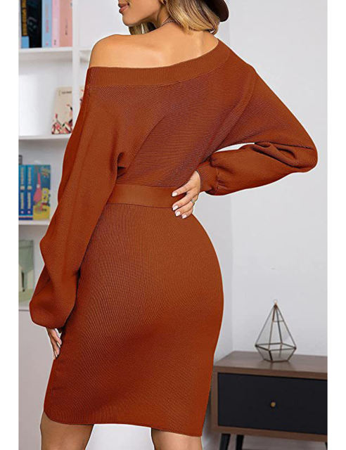 Orange Ribbed Tie Waist Long Sleeve Bodycon Dress