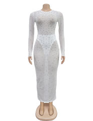 White Sheer Mesh Rhinestones Long Sleeve Maxi Dress