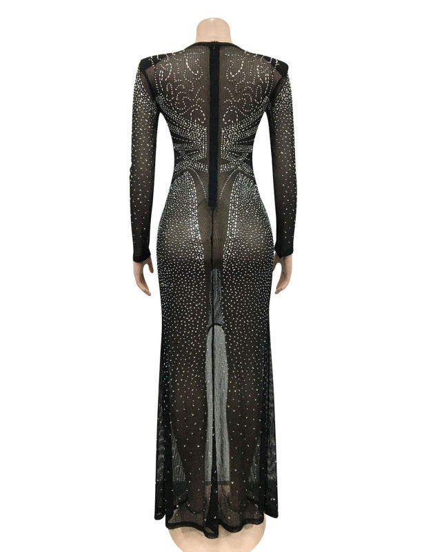 Black Rhinestones Mesh Front Split Maxi Dress