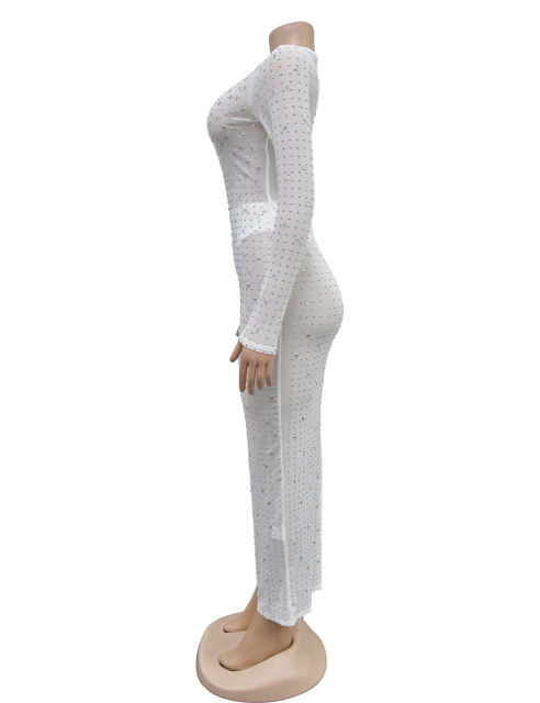 White Sheer Mesh Rhinestones Long Sleeve Maxi Dress