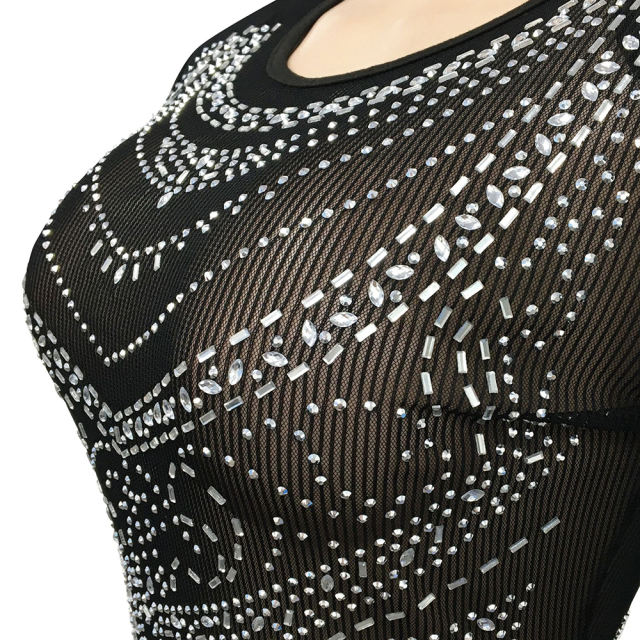 Black Rhinestones Mesh Front Split Maxi Dress