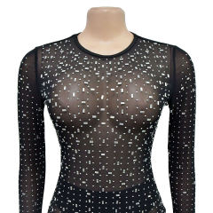 Black Sheer Mesh Rhinestones Long Sleeve Maxi Dress
