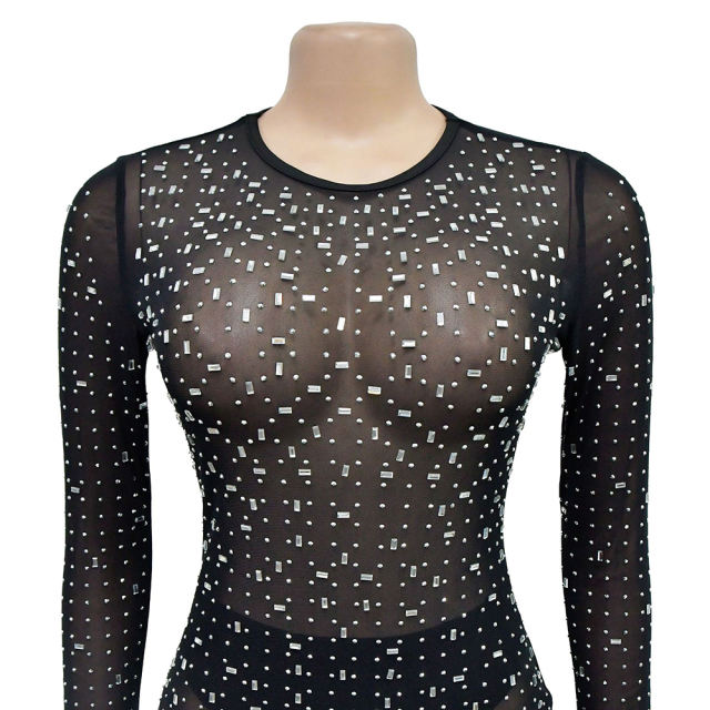 Black Sheer Mesh Rhinestones Long Sleeve Maxi Dress