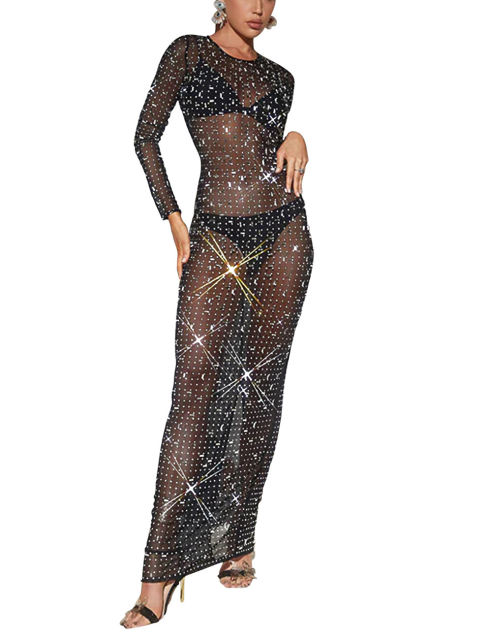 Black Sheer Mesh Rhinestones Long Sleeve Maxi Dress
