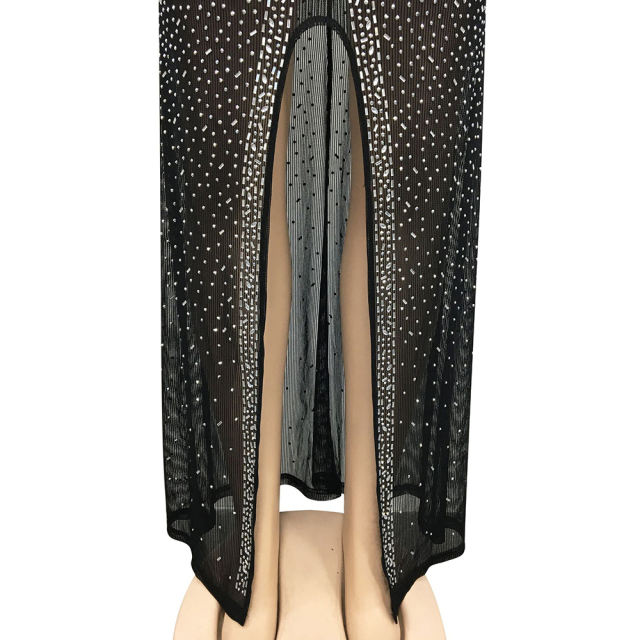 Black Rhinestones Mesh Front Split Maxi Dress