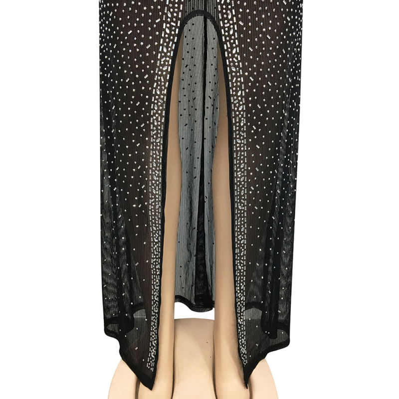 Black Rhinestones Mesh Front Split Maxi Dress