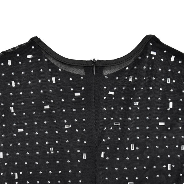 Black Sheer Mesh Rhinestones Long Sleeve Maxi Dress