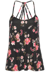 Black Floral Spaghetti Straps Strappy Back Tank Top