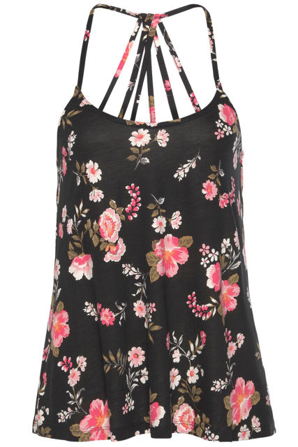 Black Floral Spaghetti Straps Strappy Back Tank Top
