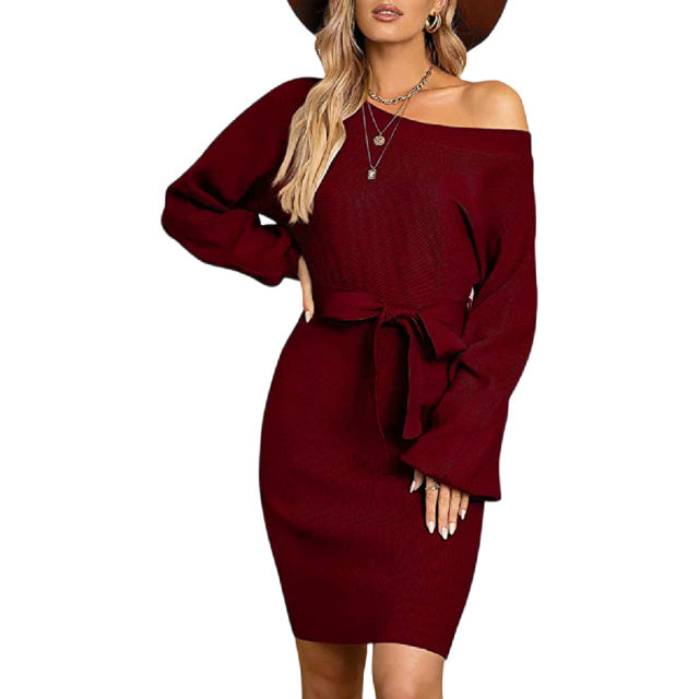Wine Red Ribbed Tie Waist Long Sleeve Bodycon Dress