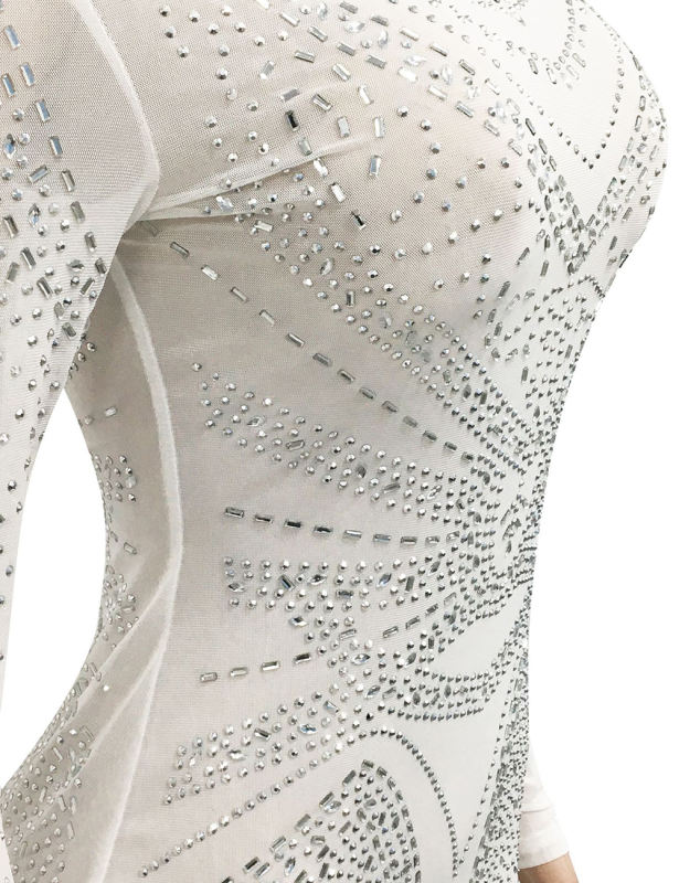 White Rhinestones Mesh Front Split Maxi Dress