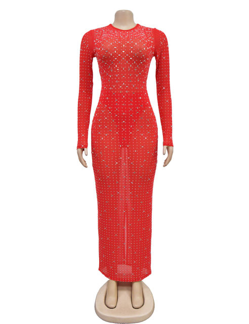 Red Sheer Mesh Rhinestones Long Sleeve Maxi Dress